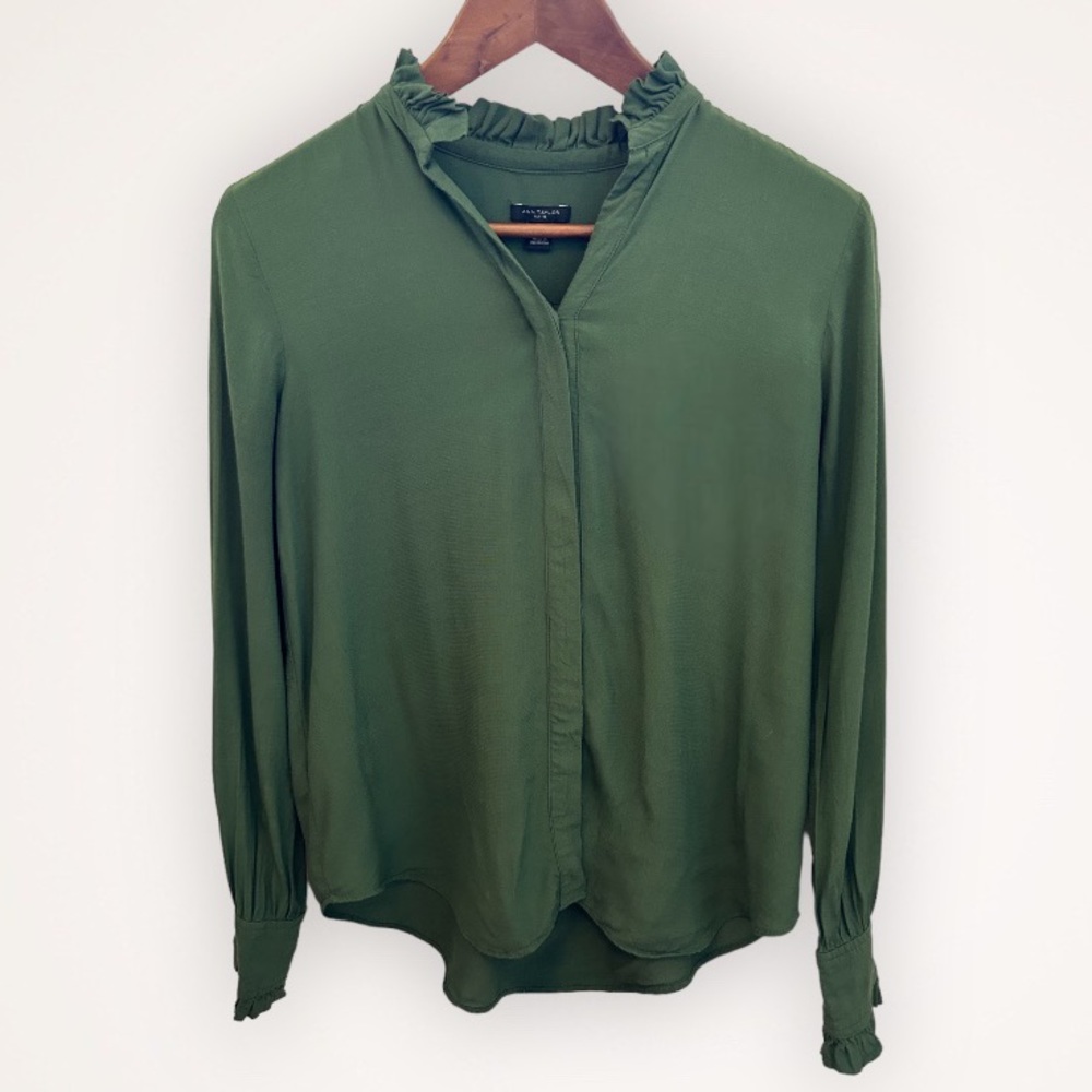 Ann Taylor Petite Olive Green Ruffle Mock Neck Button Down Blouse XSP